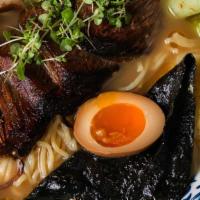 Ramen Suop · Short Ribs Bone Less, Pork Broth, Scallions, Beans Sprout, Nori, Egg, Noodles.