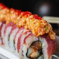 Gaby · Scottish Salmon, Eel, Kani Osaki, Scallions, Tuna on Top, Spicy Crispy Shrimp, Tobiko