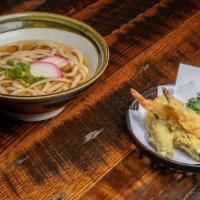 Tempura Udon · White thick udon noodle in dried bonito dashi broth with assorted tempura on side. A classic...