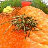 Salmon Oyako Don  · Fresh salmon with house marinated Ikura( salmon roe) . Comes with wasabi and ginger.