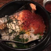 Salmon Rice  · Grilled salmon, house cured salmon roe, scallion, butter, and spicy miso sauce on rice. Mix ...