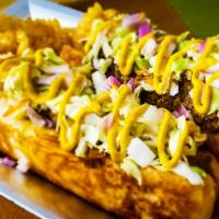 Carolina Dog Plate · Two 100% all beef hot dog between three King's Hawaiian slider rolled topped with sweet cole...
