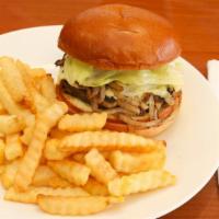 Hamburger Deluxe With Fries · 100 percent ground beef served lettuce, tomato, grilled onions, pickles, ketchup, mayonnaise...