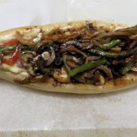 Veggie Steak · Grilled onions,  black olives, mushrooms, tomato, melted cheese, bell peppers, jalapeno pepp...