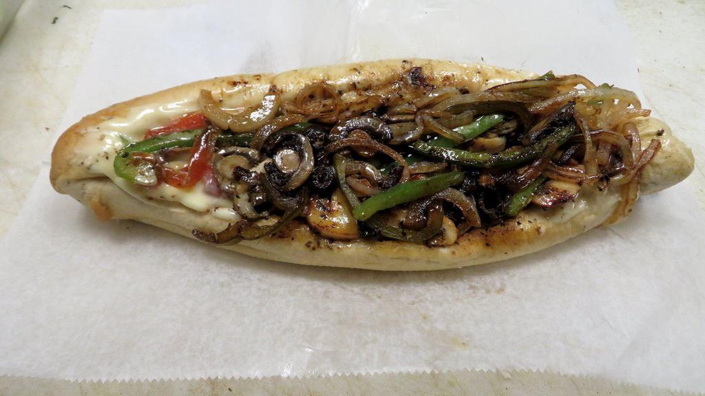 Veggie Steak · Grilled onions,  black olives, mushrooms, tomato, melted cheese, bell peppers, jalapeno peppers, banana peppers, sweet, and hot cherry peppers.