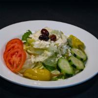Greek Salad · Romain and iceberg lettuce, Kalamata olives, cucumbers, tomatoes, pepperoncini feta cheese a...