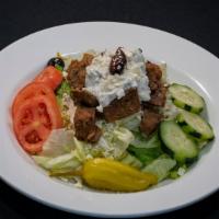 Rose & Olives Salad · Greek Salad with your choice of lamb gyro or grilled chicken, Tzatziki with Vinaigrette Dres...