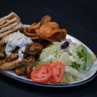 Grilled Chicken Platter · Served with Greek salad, house potato chips, pita bread and sauce of your choice.