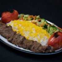 Beef Barg Kabob · Cannot be spicy. Seasoned beef tenderloin cut flat and grilled. Served with saffron basmati ...