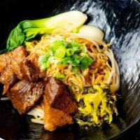 6 Hrs Braised Beef Tossed Noodle · Beef brisket, home made signature thin noodle, bok choy, spring onions, cilantro.