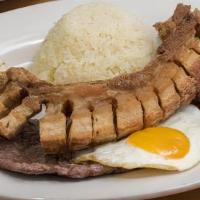 Bandeja Paisa / Paisa Tray · Grilled Steak, Rice, Beans, Fried Egg, Pork Fried Skin, Sweet Plantain and Corn Cake