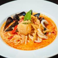 Seafood Red Curry · Jumbo Shrimp, Jumbo sea scallop, squid, filet of fresh fish of the day, mussel, bamboo shoot...
