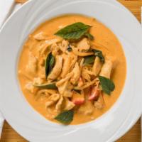 Red Curry · Choice of ment with red curry sauce, coconut milk bamboo shoots, bell peppers, pineapples an...