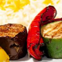 Veggie Kabob (Vegetarian) · Cut to order, the skewer brings eggplant, squash, zucchini, red onion, green pepper & red pe...
