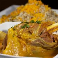 Lamb Shank & Dill Rice (Bagali Polo) · Served in a flavourful broth alongside a dill & lima bean basmati rice