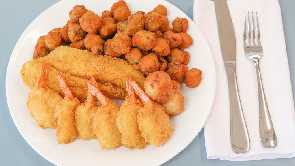 2 Pc Fish & 6 Pc Shrimp Combo · Whiting or Trout, Hushpuppies, Tartar Sauce, Cocktail Sauce. Choose Tilapia or Catfish for an additional charge.
