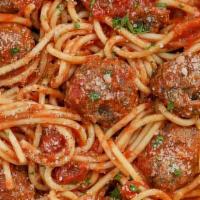 Spaghetti & Meatballs · Homemade meat (sausage+hamburger) sauce, plus three meatballs sitting atop of a nest of spag...