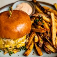 Monk Burger · Double-Smashed Patty, American Cheese, Caramelized Onion, Lettuce, Tomato, Pickle Spread, Br...