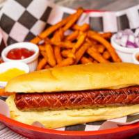 Grilled Hot Dog · Foot-long sausage with French fries.