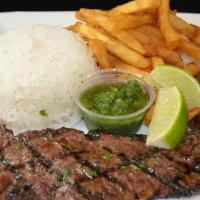 Baby Churrasco · Juicy tender charbroiled skirt steak served with chimichurri sauce with a choice of 2 sides.