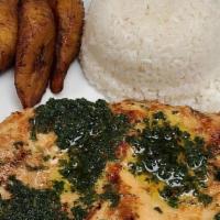 Grilled Chicken Breast With Chimichurri · Boneless grilled chicken breast served with a side of chimichurri sauce.