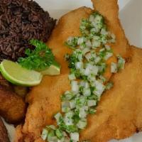 Bistec De Pollo Empanizado · Breaded, boneless chicken breast, cooked to a golden crisp, garnished with chopped onions, a...