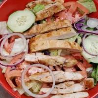 House Salad · Mixed greens tossed with shredded carrots, tomato wedges, red onions and cucumber slices wit...