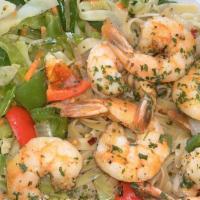 Shrimp & Veggie Fettuccine · A combination of broccoli, asparagus, zucchini, squash, kale and spinach served over garlic ...
