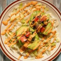 Vegan Avocado · Gluten free. Tri-color quinoa, cucumber salsa, shredded lettuce with chipotle sauce.