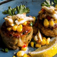 Mini Crab Cakes · Maryland style, bell peppers and corn, topped with crab meat.