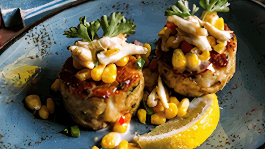 Mini Crab Cakes · Maryland style, bell peppers and corn, topped with crab meat.