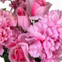 Fucshia Pinks · Gravesite bouquet with ground stake. Vibrant  Pinks assorted flowers
8 full bunches