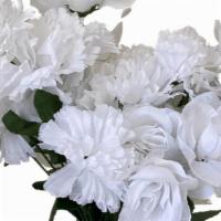 White · Gravesite bouquet with ground stake.
 Bright White Assortment
8 full bunches