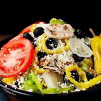 The Greek Salad · Iceberg, romaine blend, mushrooms, onions, green peppers, black and green olives, tomatoes, ...