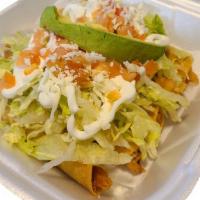 Tacos Dorados · Comes with Chicken or Beef / Pollo O Carne De Res. 
5-Crispy/Hard Tacos per plate