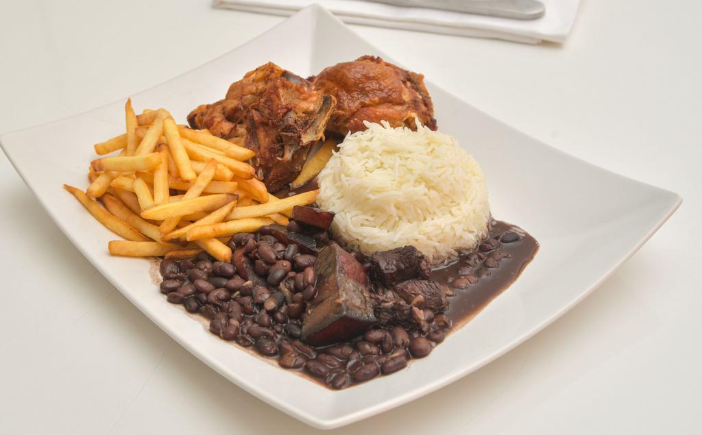 Chicken Leg Quarter · Tender, juicy roasted chicken leg quarters served with rice, beans, and fries.