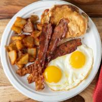 Rise & Shine · Two eggs your way, choice of meat (sausage patty, links, sausage turkey, ham or bacon), home...