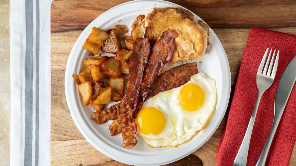 Rise & Shine · Two eggs your way, choice of meat (sausage patty, links, sausage turkey, ham or bacon), home fries, or grits, and choice of toast.