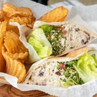 Chicken Salad & Tabbouleh Pita Sandwich · Stuffed with lettuce and tomato. Served with choice of our homemade chips, French fries, or ...