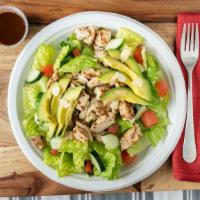 Grilled Chicken Avocado Salad · Grilled chicken breast on a bed of fresh greens, diced tomatoes, diced cucumbers, toasted al...