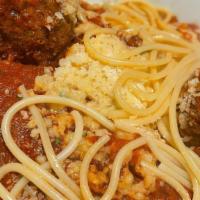 Spaghetti & Meatballs · Choice of pasta in our homemade sauce with two large meatballs.