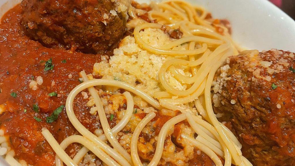 Spaghetti & Meatballs · Choice of pasta in our homemade sauce with two large meatballs.
