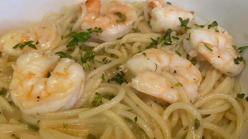 Shrimp Scampi · Jumbo Shrimp, fresh garlic, lemon, herb & white wine butter sauce.