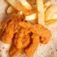 Kids Chicken Fingers & Fries (2 Pcs) · 2 Golden crispy tenders served with steak-cut fries.