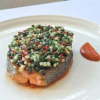 Salmon 'Steak' · SOLOMOS / FAROE ISLANDS / oak grilled, Aegean cucumber salad