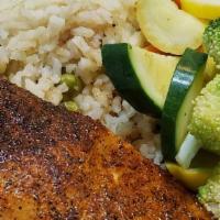 Blackened Salmon Dinner · served with rice pilaf and mixed vegetables