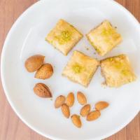 Baklava Pistachio Bite · Fillo dough, pistachio, sugar, butter ghee, and simple syrup with blossom and rose water. 4 ...