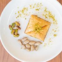 Baklava  Pistachio · Fillo dough, pistachio sugar, olive oil, and simple syrup with blossom and rose water. 2 tri...