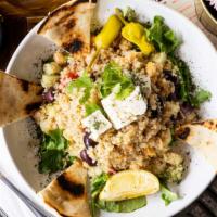 Mediterranean Quinoa · Vegetarian. Cucumbers, chickpeas, almonds, avocado, red peppers, feta, olives, pepperoncini.