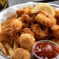 Shrimp · Seasoned jumbo gulf shrimp lightly battered and fried or grilled. Served with cajun fries, h...